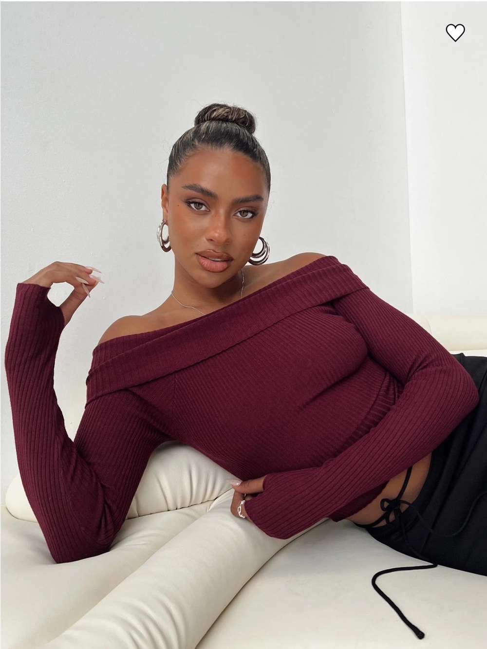 Princess Polly Burgundy Off-Shoulder Ribbed Sweater